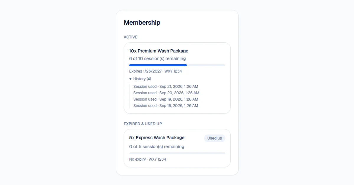 A customer's membership page, showing active and used-up packages with progress bars and redemption history