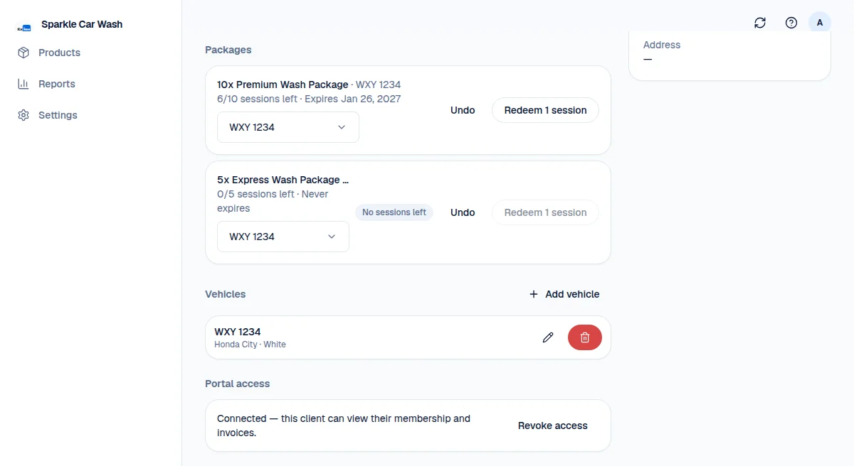 A client's profile showing their package balances, vehicles, and portal connection status