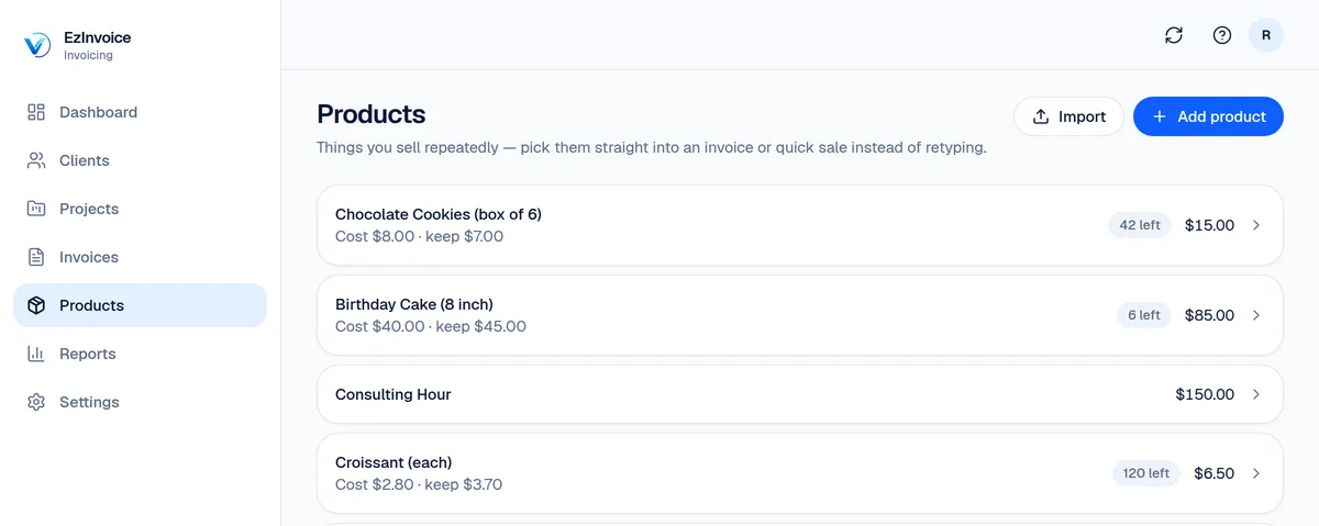 A product catalog list showing stock levels, cost, and price