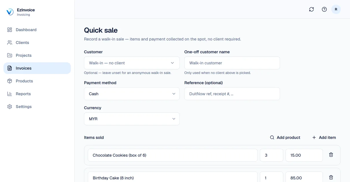 The Quick Sale form with items, quantities, and a running total